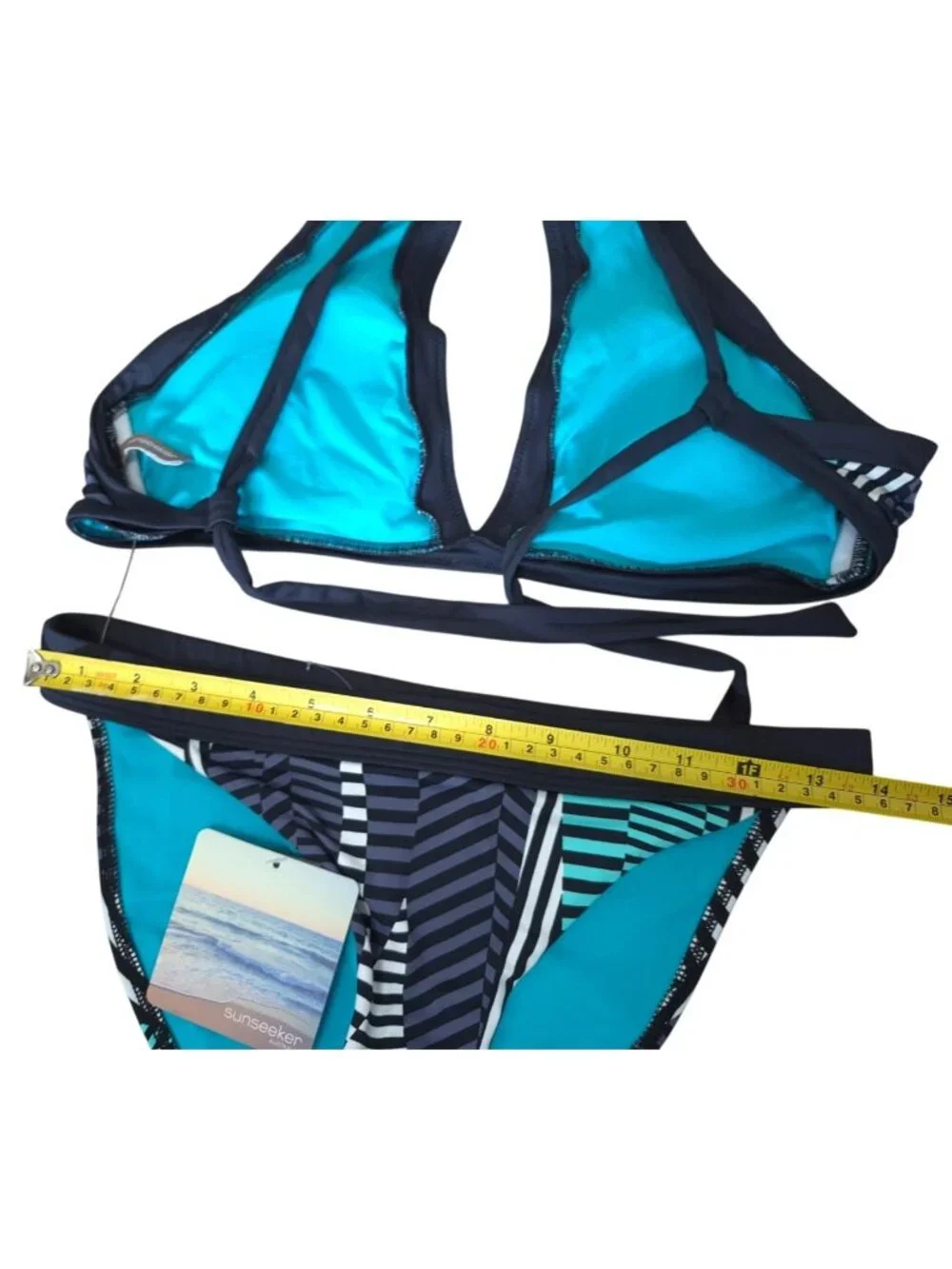 Sunseeker Bikini Set Striped Halter Tie Swimwear Size 12 Blue Black NWT